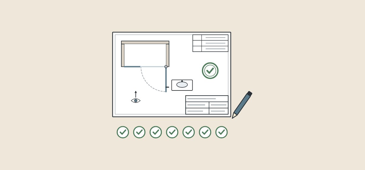 Illustration of a drawing sheet with a shower plan, an approval stamp and a pen, above seven ticks