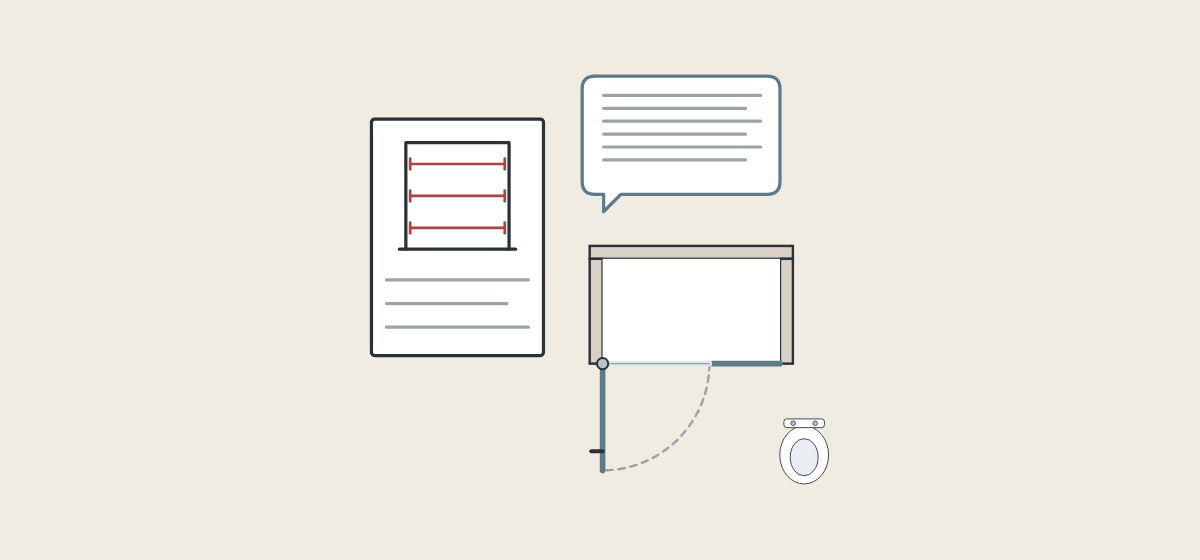 Illustration of a site measure sheet, a message bubble and a room plan with a door swing arc