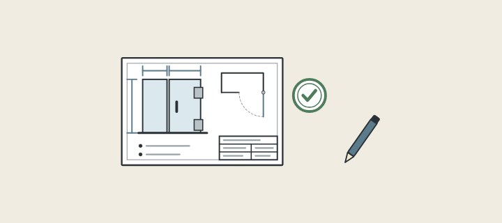 Illustration: an enclosure drawing sheet with an approval stamp and a pen