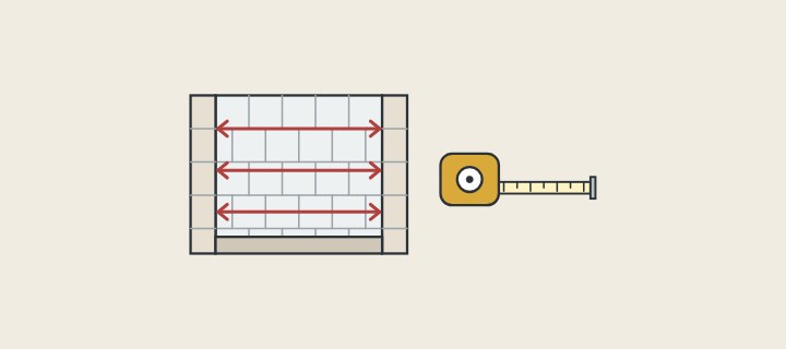 Illustration: a tiled shower opening with three width lines beside a tape measure