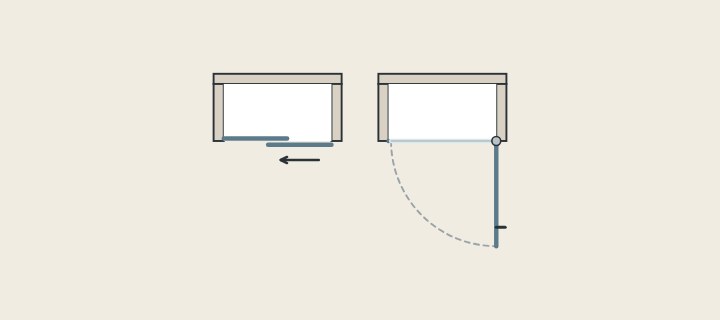 Illustration: a plan of two overlapping sliding panels beside a plan of a hinged door with its swing arc