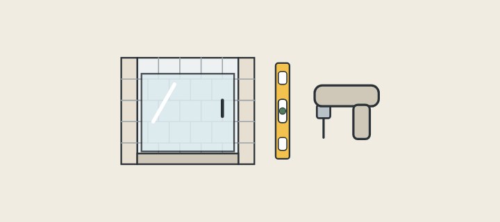 Illustration: a tiled opening with glass fitted, beside a spirit level and a drill