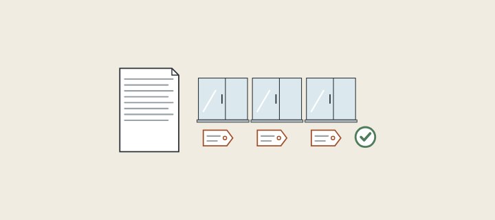 Illustration: a specification document beside three framed glass enclosures and a tick