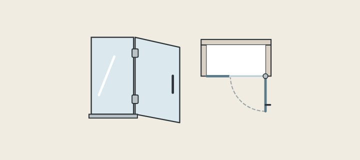 Illustration: a glass enclosure with its hinged door standing open, beside a plan of the door swing