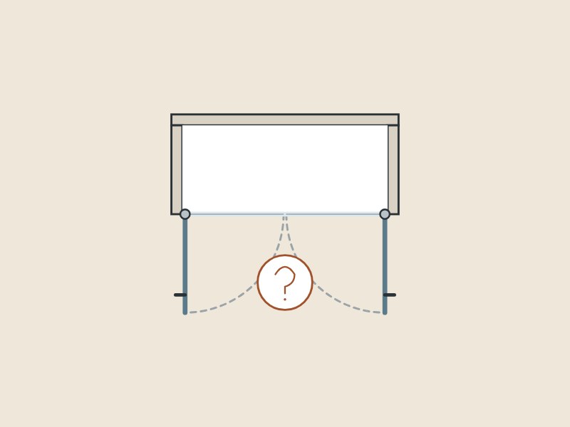 Illustration of a shower opening in plan with a door leaf hinged at each wall and a question mark between the two swing arcs