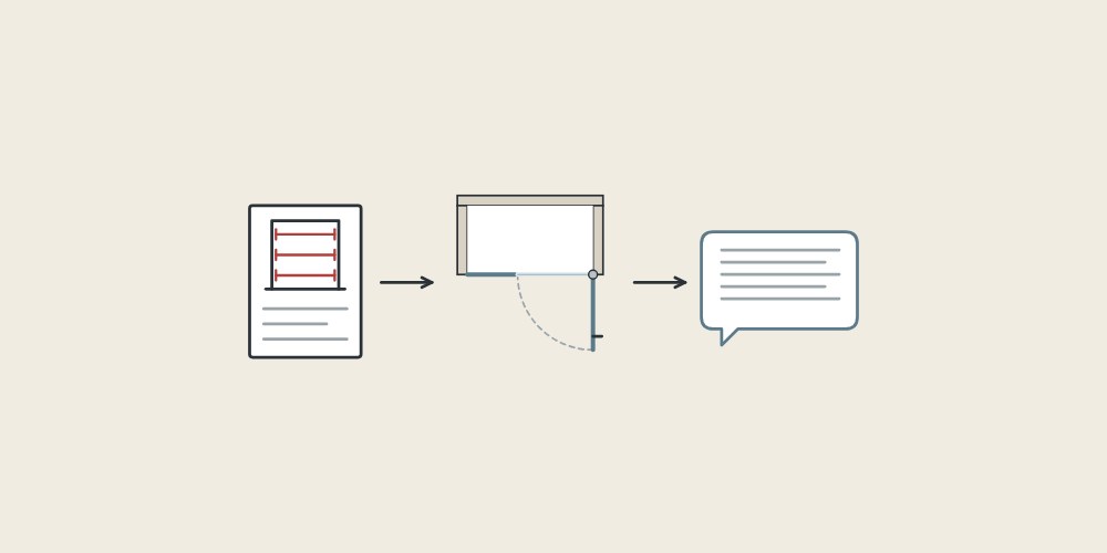 Illustration of a site measure sheet, a shower plan and a message bubble linked by arrows