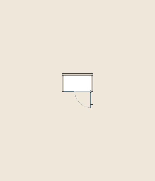 Illustration of a shower alcove in plan with a fixed panel and a door opened outward along a dashed swing arc