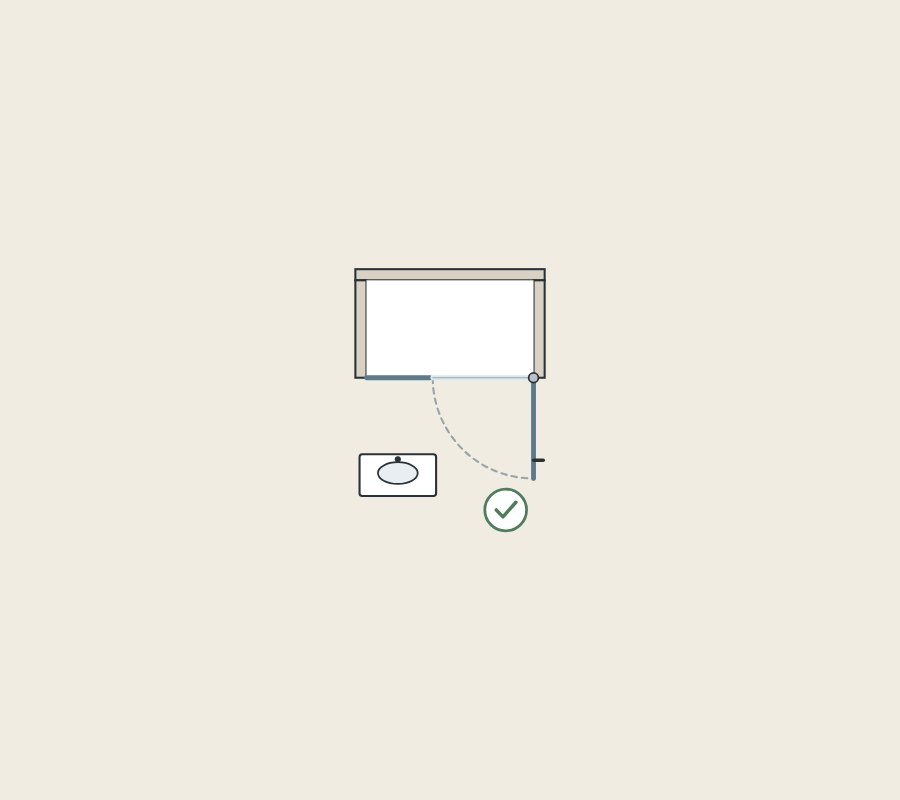 Illustration of a shower door arc in plan clear of a vanity, with a tick