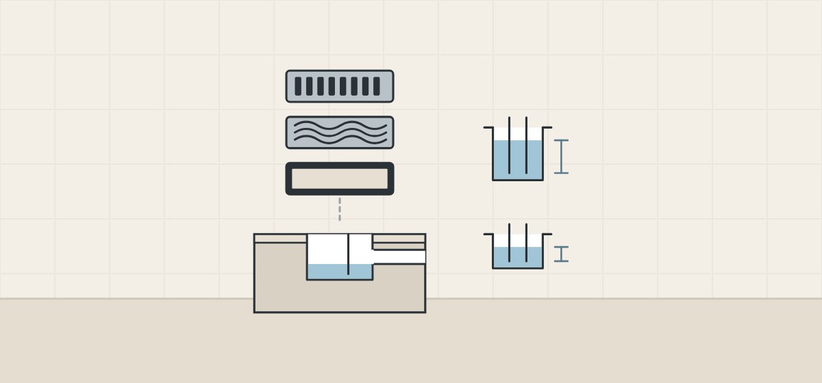 Illustration of one drain body with three different grates above it and two trap inserts with different water seal depths