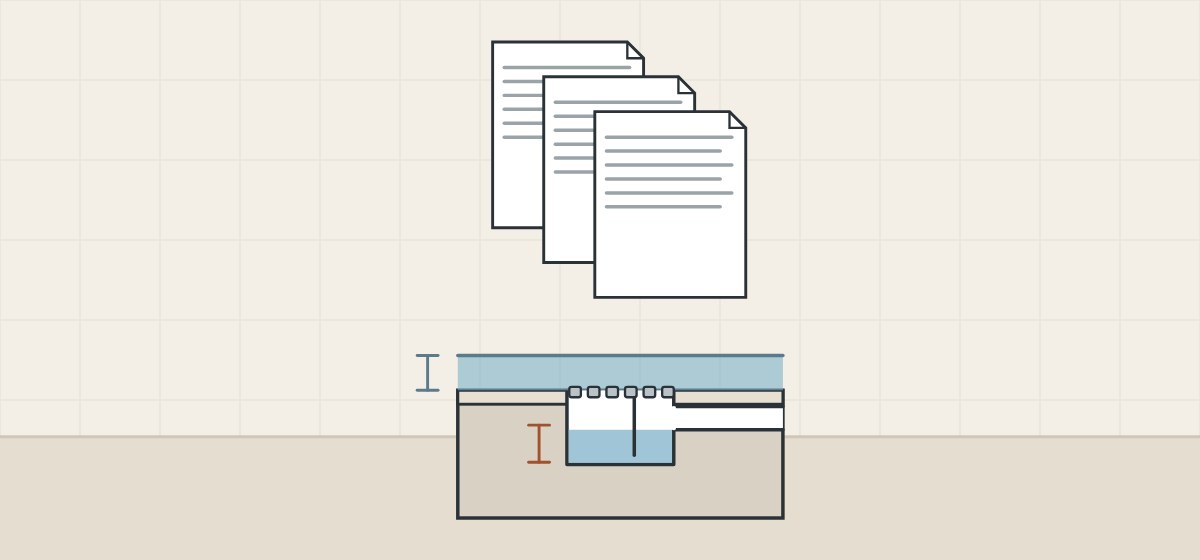 Illustration of three stacked standard documents above a floor drain with brackets for the water depth and the water seal