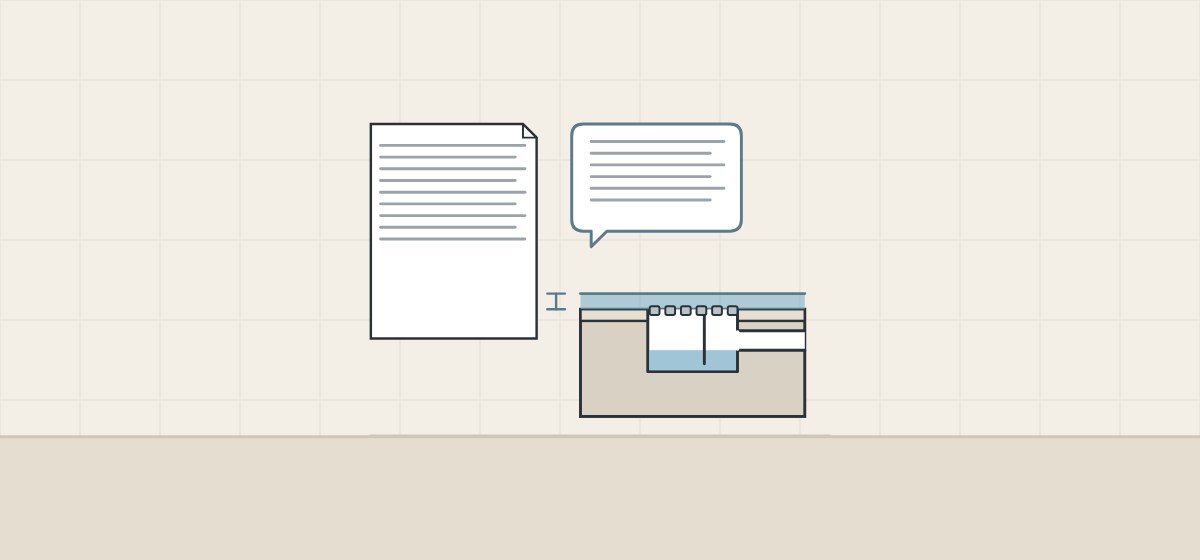 Illustration of a document, a message bubble and a floor drain in section