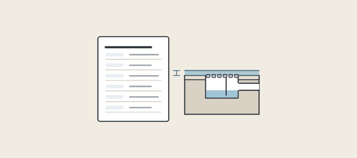 Illustration of a specification sheet with listed rows beside a floor drain in section