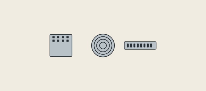 Illustration of three floor drain grates seen from above, square, round and linear