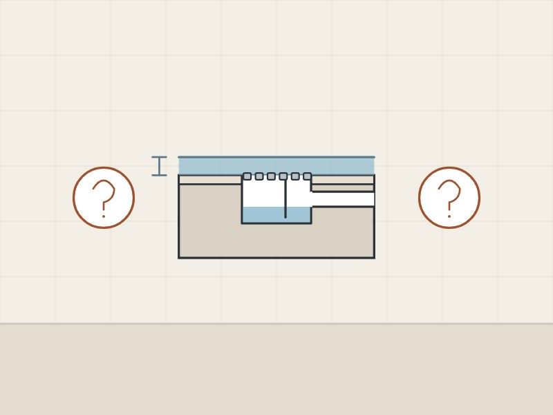 Illustration of a floor drain with water above it between two question marks