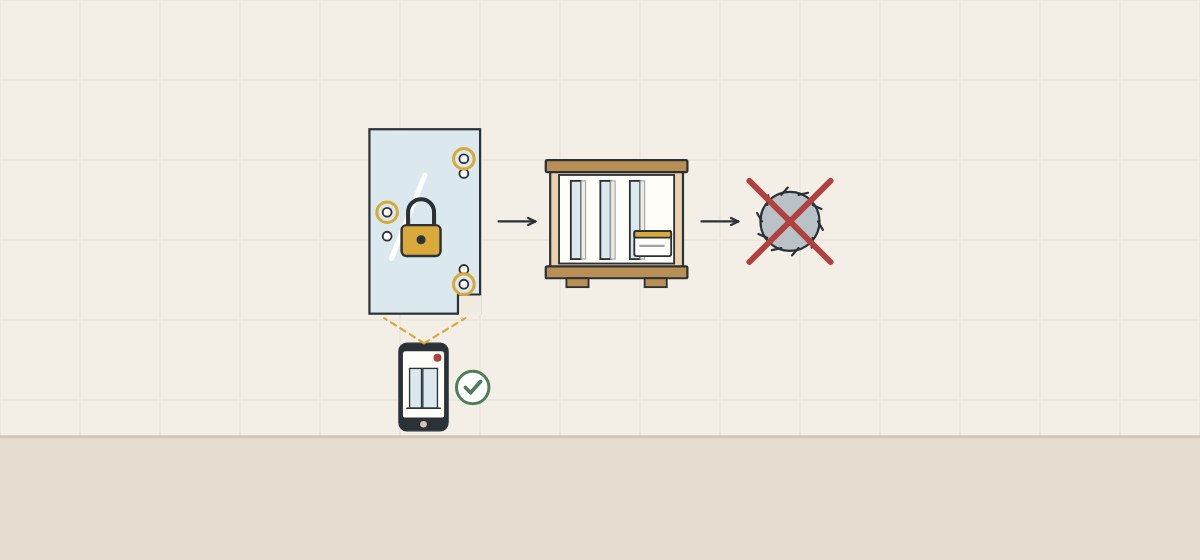 Illustration of a glass panel with a padlock and ringed holes checked by a phone camera, then a crate of panels, then a crossed-out cutting wheel