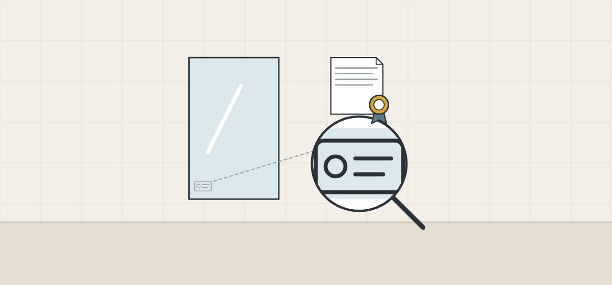 Illustration of a glass panel with a small corner mark enlarged under a magnifier, beside a certificate document with a seal