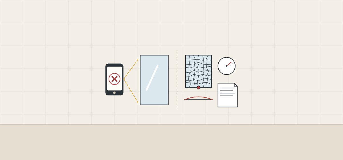 Illustration of a phone camera with a cross pointed at a glass panel, beside a panel broken into small pieces, a gauge and a record sheet