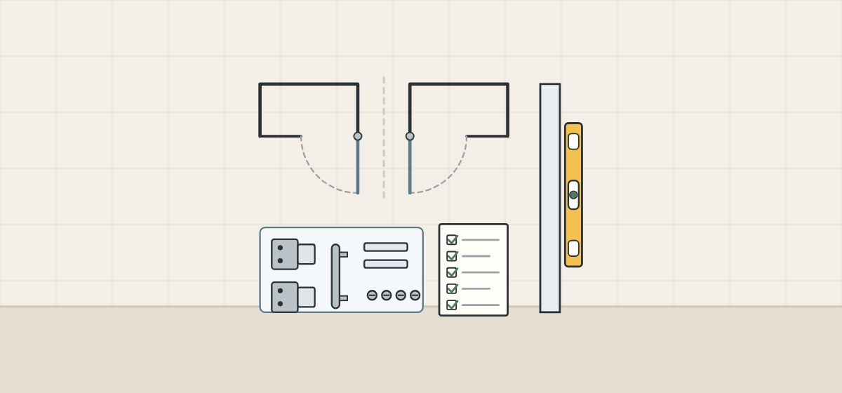 Illustration of two mirrored shower plans with doors hinged on opposite sides, a hardware kit beside a ticked list and a spirit level on a wall