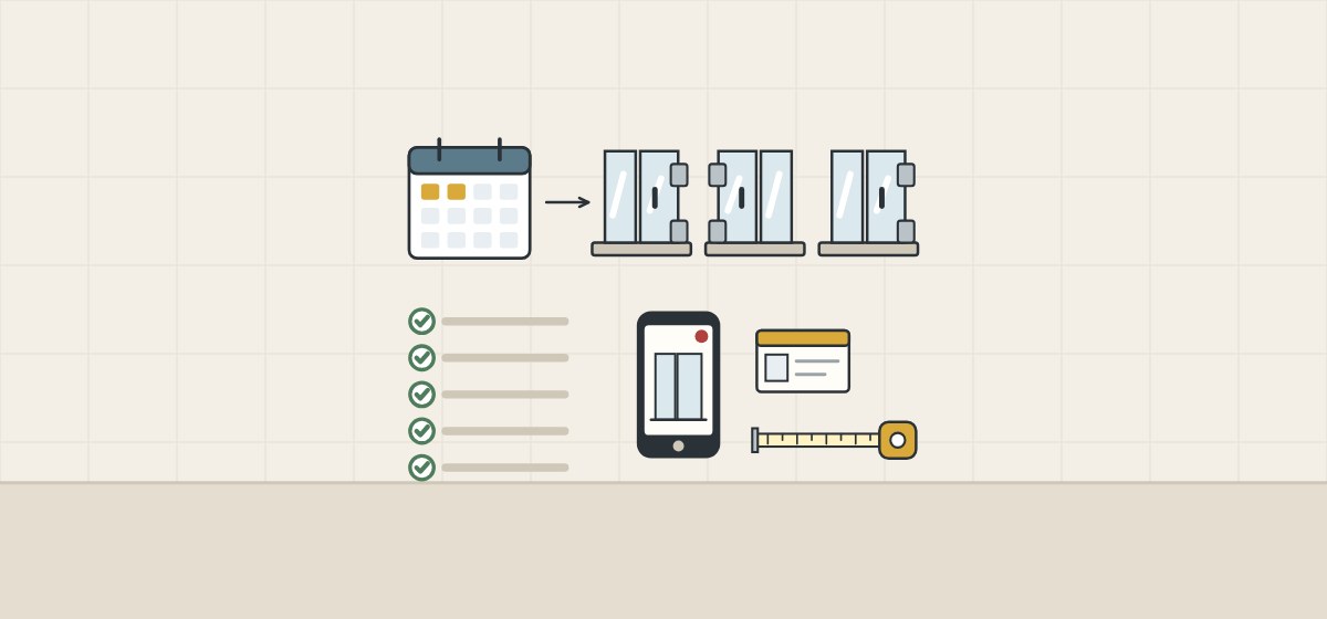 Illustration of a calendar, three enclosure configurations, a ticked checklist, a phone camera, an order card and a tape