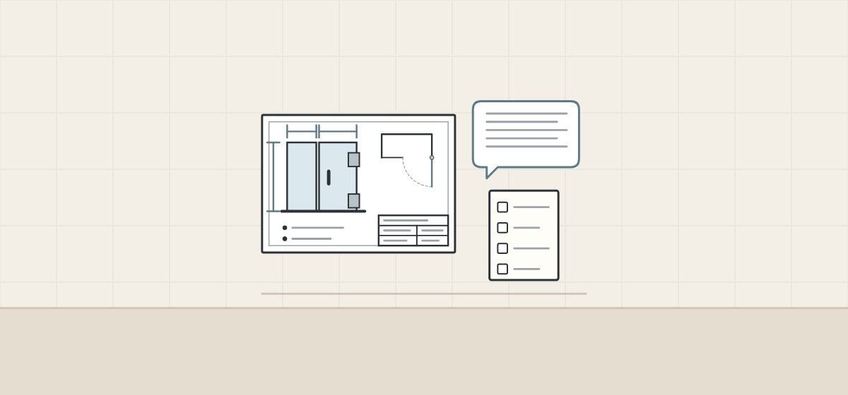 Illustration of an enclosure drawing sheet, a message bubble and a blank packing list