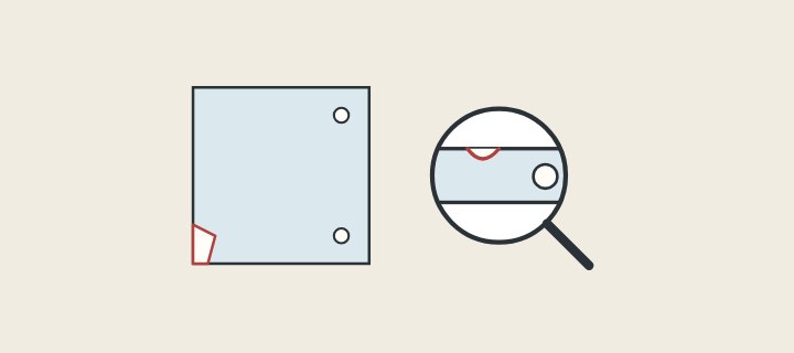Illustration: a glass panel with a chipped corner beside a magnifier over a glass edge and hole