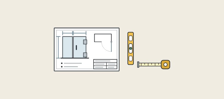 Illustration: an enclosure drawing sheet beside a spirit level and a tape
