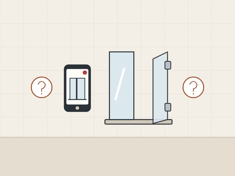 Illustration of a phone camera and an enclosure with its door open between two question marks