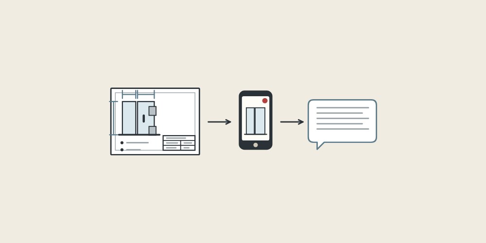 Illustration of an enclosure drawing, a phone camera and a message bubble linked by arrows