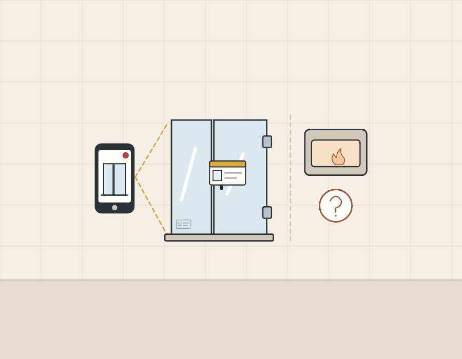Illustration of a phone camera pointed at an assembled enclosure with an order card, beside a tempering furnace with a question mark