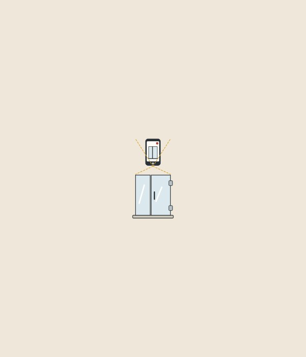 Illustration of a phone camera above an assembled two-panel glass shower enclosure