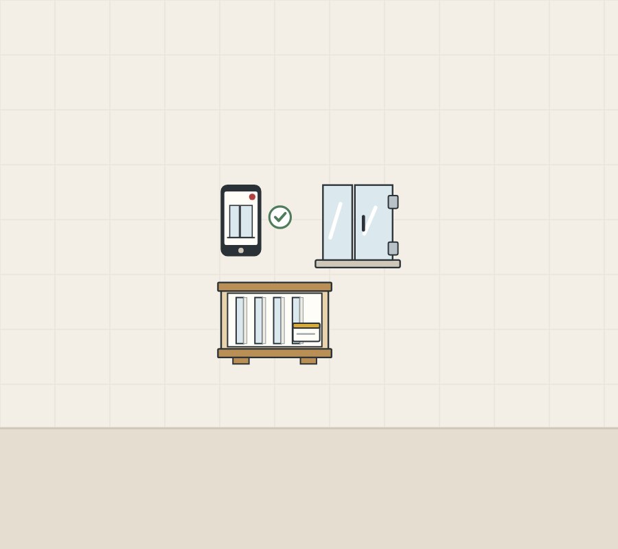 Illustration of a phone camera with a tick, an assembled enclosure and a crate of glass panels on edge