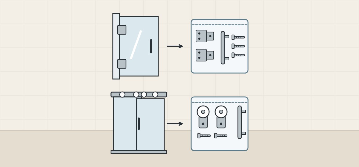 Illustration of a hinged door beside a bag of hinges and a handle, above a sliding door beside a bag of rollers and a handle