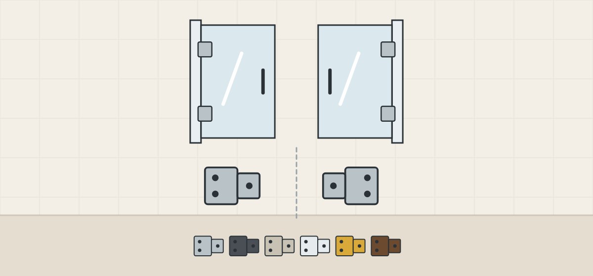 Illustration of a left-hinged and a right-hinged door with mirrored hinges, above six hinges in different finishes