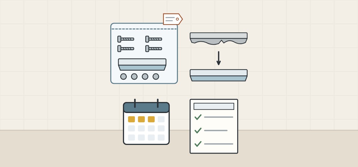 Illustration of a tagged bag of spare screws, caps and a seal, a worn seal above a new one, and a calendar beside a ticked list