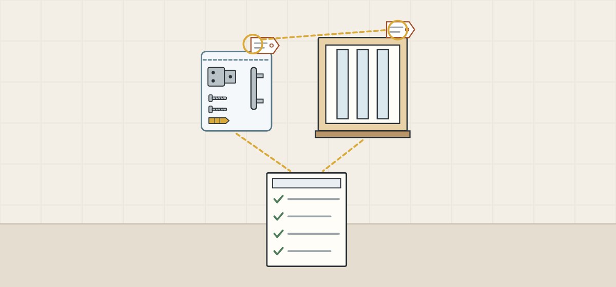 Illustration of a tagged hardware kit and a tagged glass crate linked by dashed lines to a ticked packing list