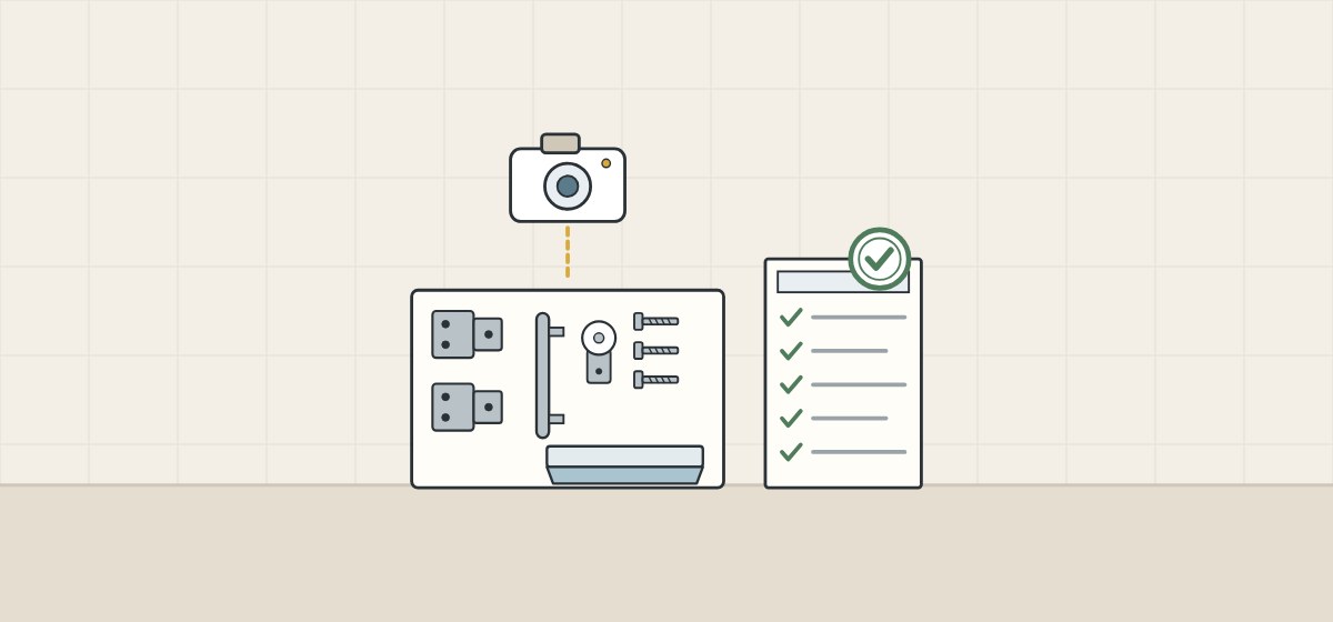 Illustration of a camera above hardware laid out on a mat, beside a ticked list with a stamp