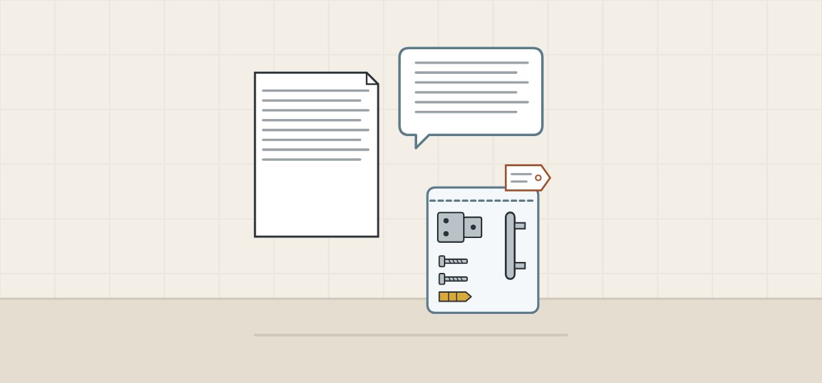 Illustration of a document, a message bubble and a tagged hardware kit