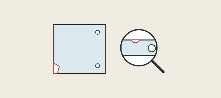 Illustration: a glass panel with a chipped corner beside a magnifier over a glass edge and hole