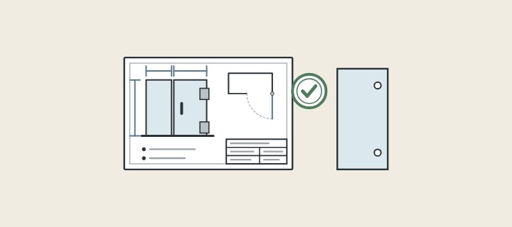 Illustration: an enclosure drawing sheet with an approval stamp beside a glass panel with two holes