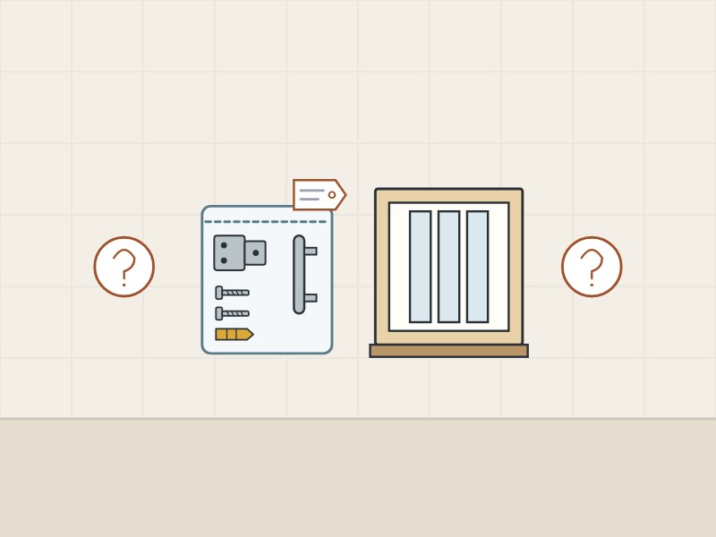 Illustration of a tagged hardware kit and a glass crate between two question marks