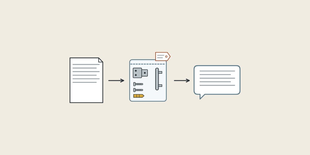 Illustration of a document, a tagged hardware kit and a message bubble linked by arrows