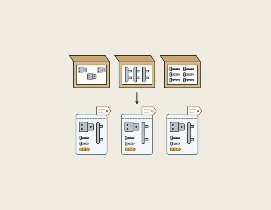 Illustration of three cartons each holding one part type, above three tagged bags that each hold a hinge, a handle and fasteners