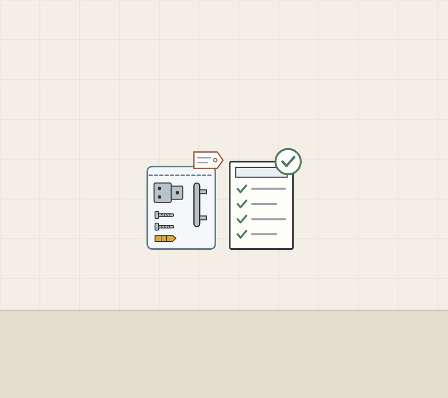 Illustration of a tagged hardware kit beside a ticked list, with a tick