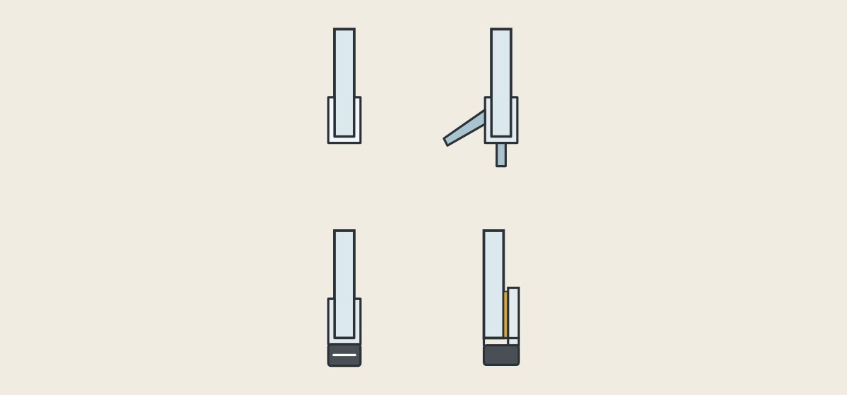 Illustration of four seal constructions in section: plain clip-on, clip-on with soft lip, clip-on with magnet and self-adhesive