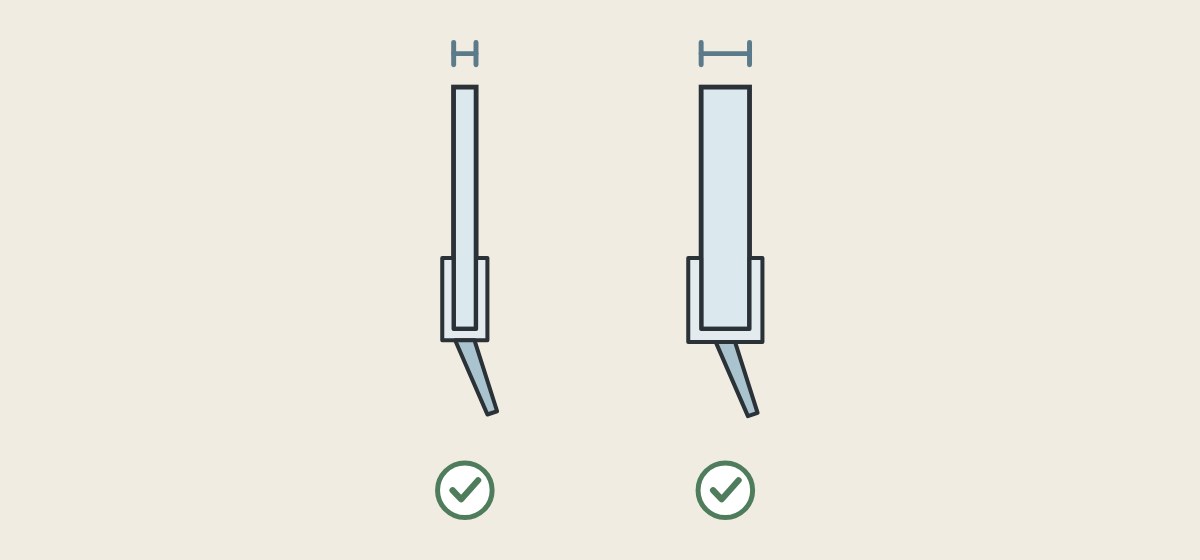 Illustration of a thin and a thick glass edge in section, each gripped by a seal sized for it