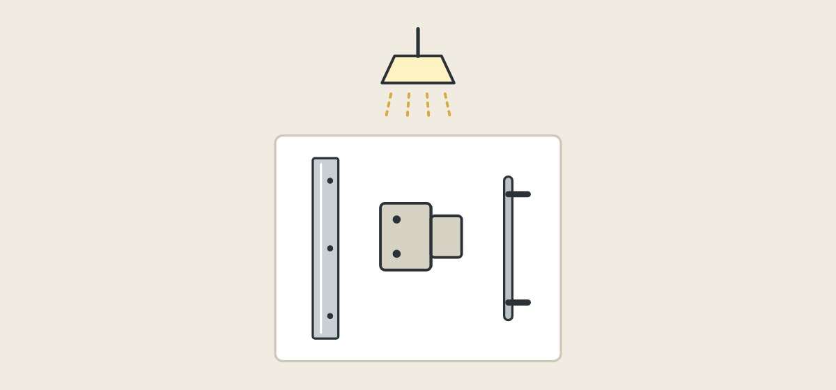 Illustration of an aluminium profile, a hinge and a pull handle laid side by side under one lamp