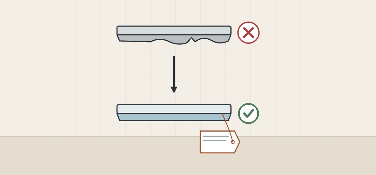 Illustration of a worn seal with a split lip above a new seal with an identification tag