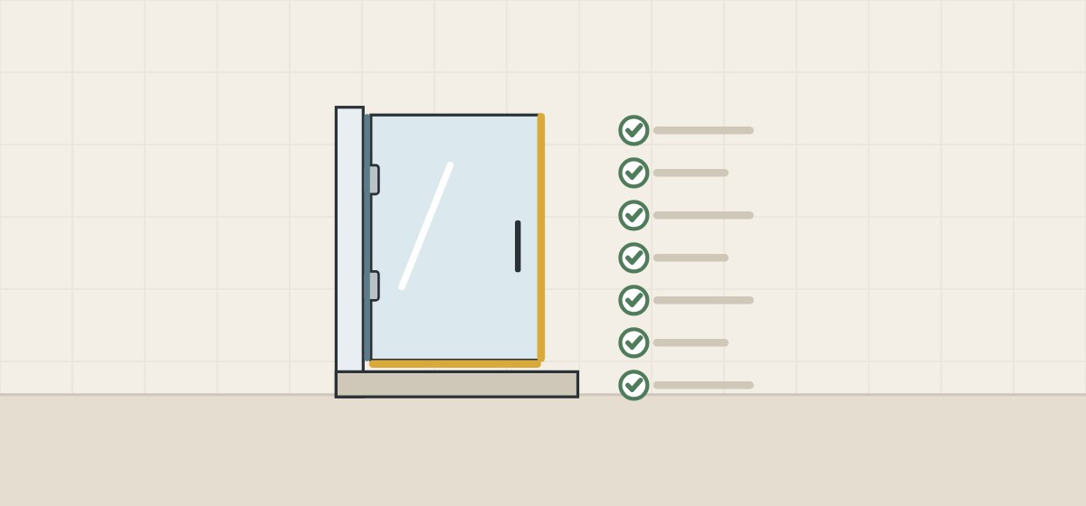 Illustration of a glass door with marked seal edges beside a checklist of seven ticked lines