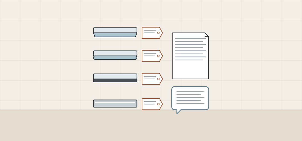 Illustration of three seal pieces and a profile piece, each tagged, beside a document and a message bubble