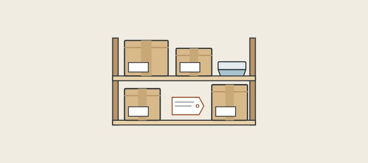 Illustration: a storage shelf holding cartons, a spare seal and a tag
